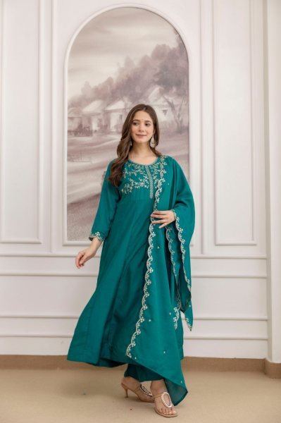 Efficient Teal Green Premium Vichitra Silk Embroidered Kurta Sharara Dupatta Set Embroidery Kurtis 