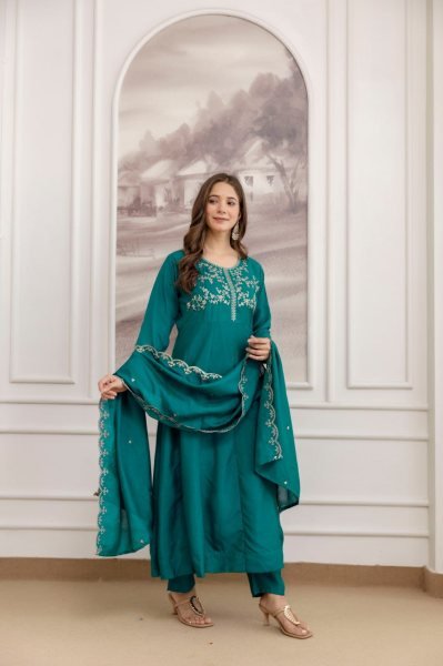 Efficient Teal Green Premium Vichitra Silk Embroidered Kurta Sharara Dupatta Set Embroidery Kurtis 