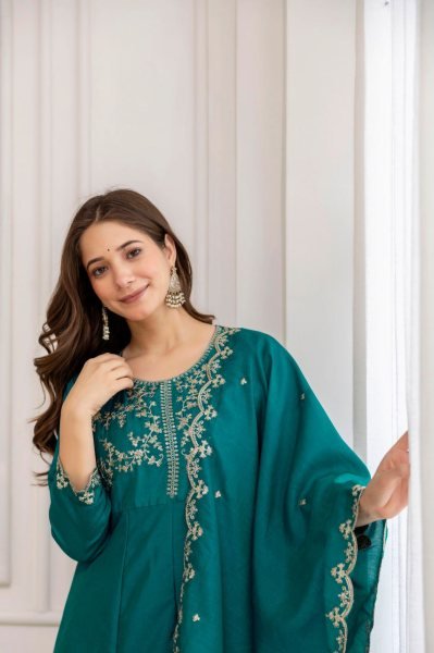 Efficient Teal Green Premium Vichitra Silk Embroidered Kurta Sharara Dupatta Set Embroidery Kurtis 