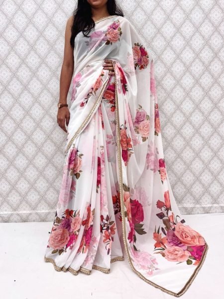 Efficient White Soft Georgette Saree with Floral Print and Designer Border Sarees 