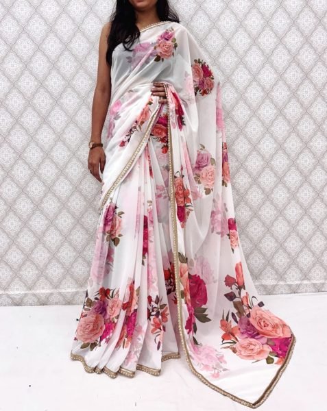 Efficient White Soft Georgette Saree with Floral Print and Designer Border Printed Cotton Sarees Wholesale