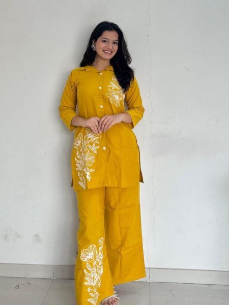 Efficient Yellow Cotton Kurti Plazzo Set with Embroidery for Daily Wear Women Kurtis