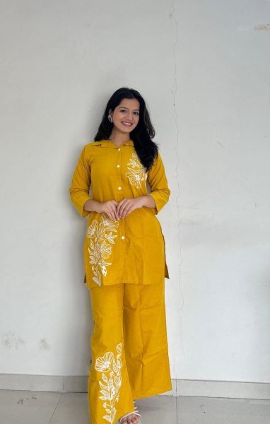 Efficient Yellow Cotton Kurti Plazzo Set with Embroidery for Daily Wear Women CO ORD Sets
