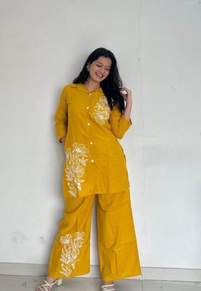Efficient Yellow Cotton Kurti Plazzo Set with Embroidery for Daily Wear Women CO ORD Sets
