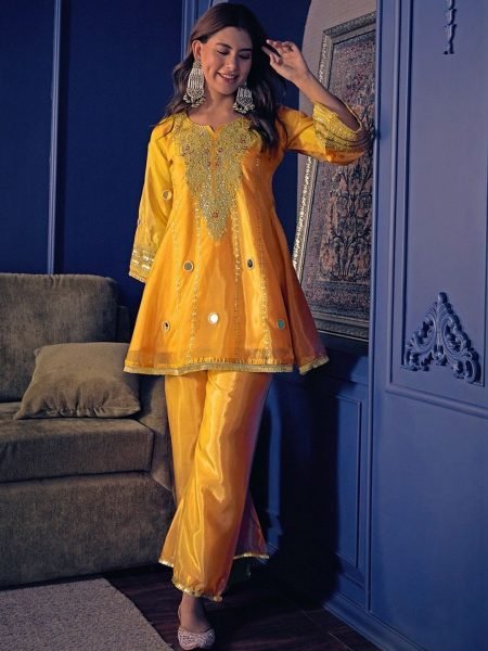 Efficient Yellow Crepe Short Kurti Set With Handwork Sleeves At Direct Mill Price CO ORD Sets
