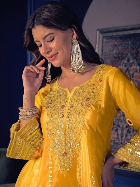 Efficient Yellow Crepe Short Kurti Set With Handwork Sleeves At Direct Mill Price CO ORD Sets