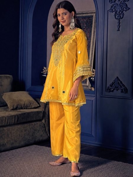 Efficient Yellow Crepe Short Kurti Set With Handwork Sleeves At Direct Mill Price CO ORD Sets