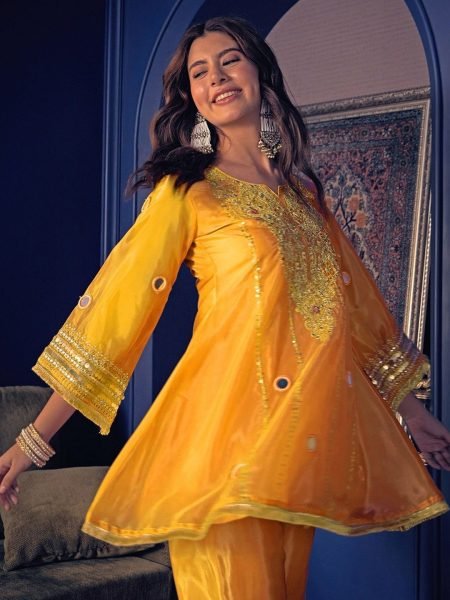 Efficient Yellow Crepe Short Kurti Set With Handwork Sleeves At Direct Mill Price CO ORD Sets