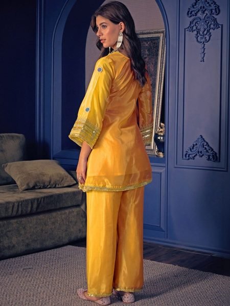 Efficient Yellow Crepe Short Kurti Set With Handwork Sleeves At Direct Mill Price CO ORD Sets