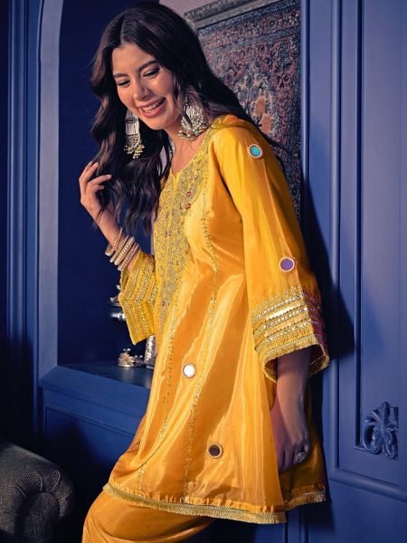 Efficient Yellow Crepe Short Kurti Set With Handwork Sleeves At Direct Mill Price CO ORD Sets