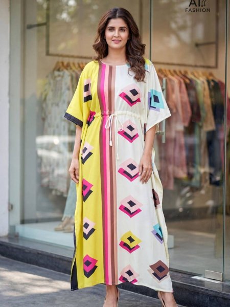 Efficient Yellow Designer Printed Kaftan with Adjustable Belt for Daily Wear Kurtis