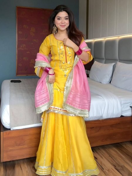 Efficient Yellow Faux Georgette Sharara Suit for Wedding and Sangeet Functions 