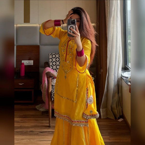 Efficient Yellow Faux Georgette Sharara Suit for Wedding and Sangeet Functions Ready To Wear Collection