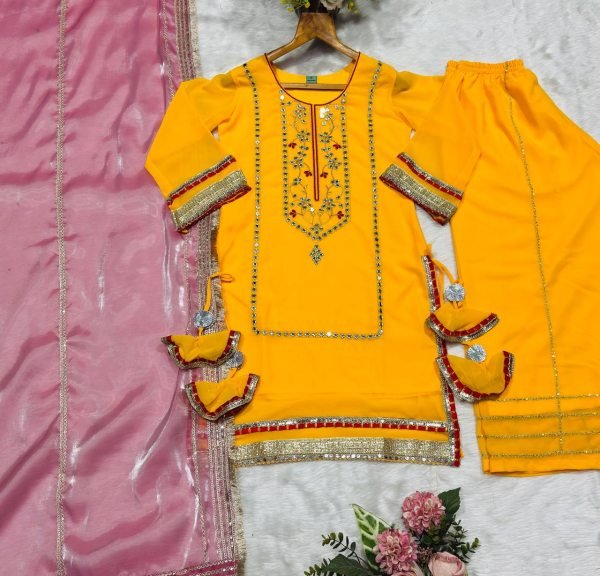 Efficient Yellow Faux Georgette Sharara Suit for Wedding and Sangeet Functions Ready To Wear Collection