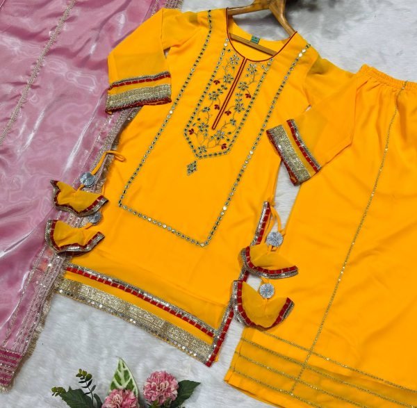 Efficient Yellow Faux Georgette Sharara Suit for Wedding and Sangeet Functions Ready To Wear Collection