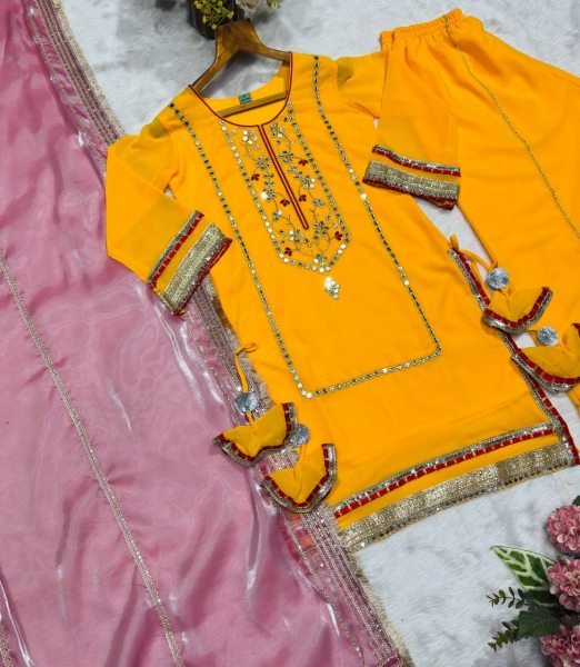 Efficient Yellow Faux Georgette Sharara Suit for Wedding and Sangeet Functions Ready To Wear Collection