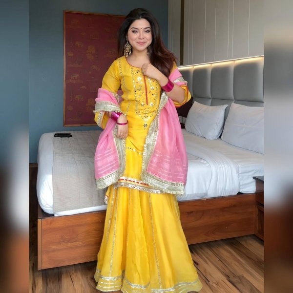 Efficient Yellow Faux Georgette Sharara Suit for Wedding and Sangeet Functions Ready To Wear Collection