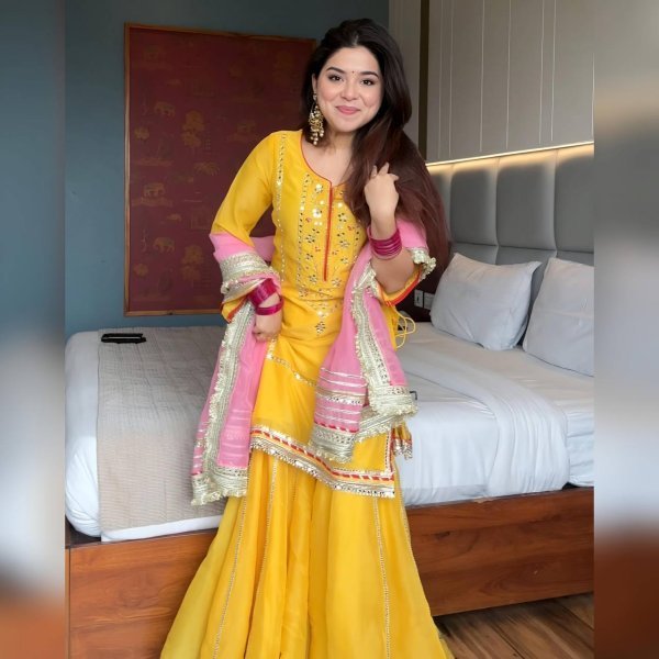 Efficient Yellow Faux Georgette Sharara Suit for Wedding and Sangeet Functions Ready To Wear Collection