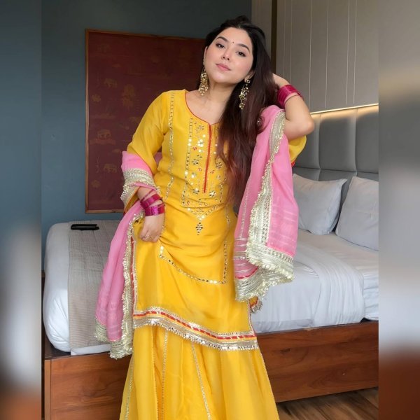Efficient Yellow Faux Georgette Sharara Suit for Wedding and Sangeet Functions Ready To Wear Collection