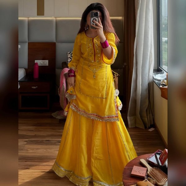 Efficient Yellow Faux Georgette Sharara Suit for Wedding and Sangeet Functions Ready To Wear Collection