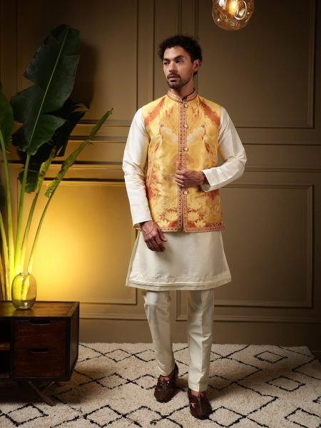Efficient Yellow Men 3 Piece Koti Kurta Set in Jacquard and Slub Silk for Festival 