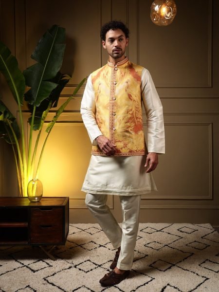 Efficient Yellow Men 3 Piece Koti Kurta Set in Jacquard and Slub Silk for Festival Kurta Pajama Wholesale