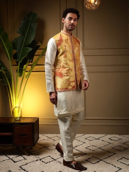 Efficient Yellow Men 3 Piece Koti Kurta Set in Jacquard and Slub Silk for Festival Kurta Pajama Wholesale