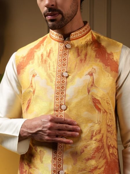 Efficient Yellow Men 3 Piece Koti Kurta Set in Jacquard and Slub Silk for Festival Kurta Pajama Wholesale