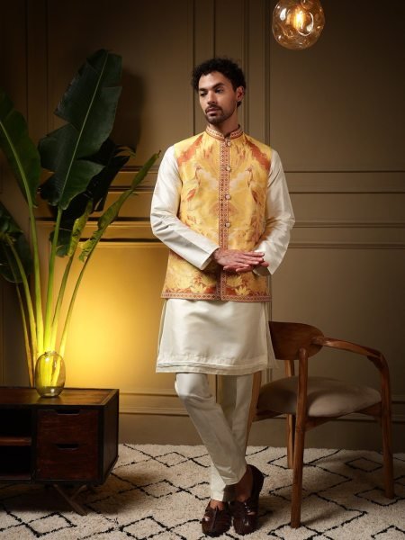 Efficient Yellow Men 3 Piece Koti Kurta Set in Jacquard and Slub Silk for Festival Kurta Pajama Wholesale