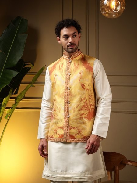 Efficient Yellow Men 3 Piece Koti Kurta Set in Jacquard and Slub Silk for Festival Kurta Pajama Wholesale