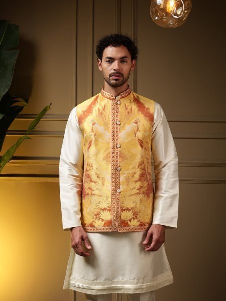 Efficient Yellow Men 3 Piece Koti Kurta Set in Jacquard and Slub Silk for Festival Kurta Pajama Wholesale