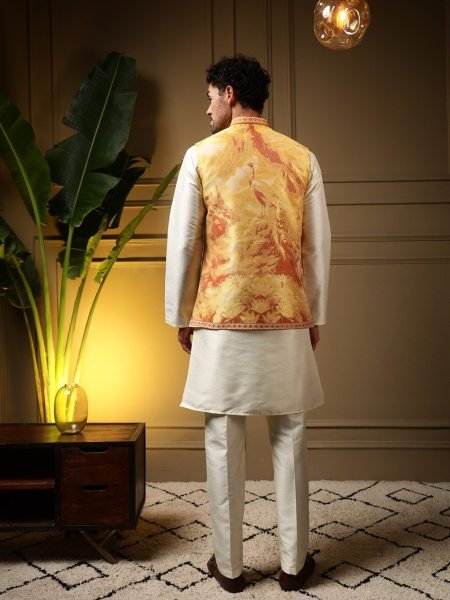 Efficient Yellow Men 3 Piece Koti Kurta Set in Jacquard and Slub Silk for Festival Kurta Pajama Wholesale