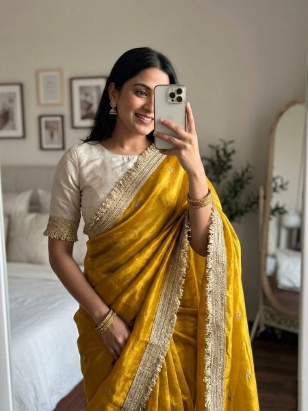 Efficient Yellow Space Silk Saree with Multi Sequin Work and Contrast Blouse for Festive Wear Sarees 