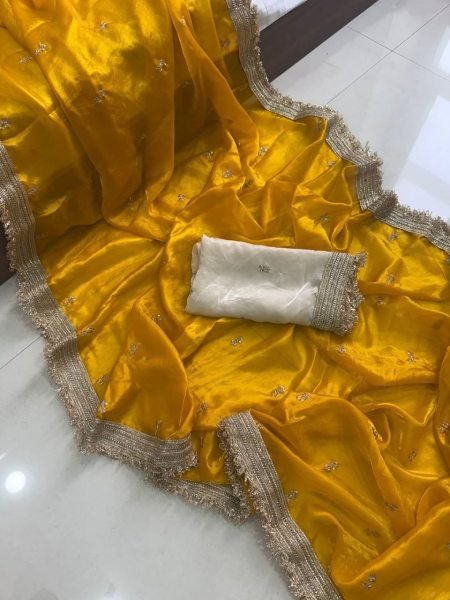 Efficient Yellow Space Silk Saree with Multi Sequin Work and Contrast Blouse for Festive Wear Embroidery Sarees Wholesale
