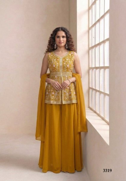 Efficient Yellow Star Georgette Suit with Belt Style Dupatta at Wholesale Rate Designer Plazzo Salwar Suits Wholesale