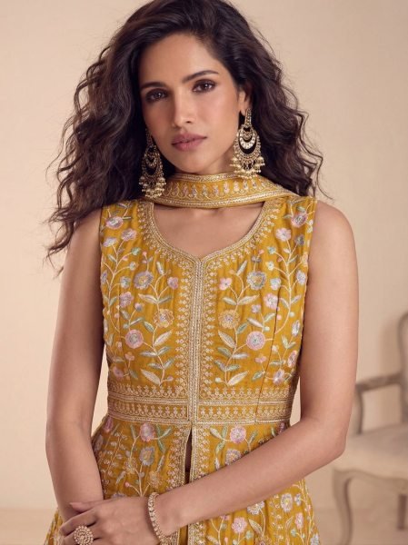Efficient Yellow Star Georgette Suit with Belt Style Dupatta at Wholesale Rate Designer Plazzo Salwar Suits Wholesale