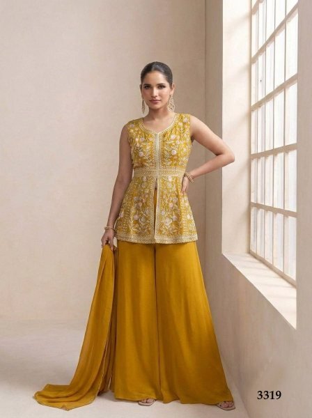 Efficient Yellow Star Georgette Suit with Belt Style Dupatta at Wholesale Rate Designer Plazzo Salwar Suits Wholesale