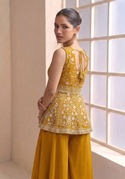 Efficient Yellow Star Georgette Suit with Belt Style Dupatta at Wholesale Rate Designer Plazzo Salwar Suits Wholesale