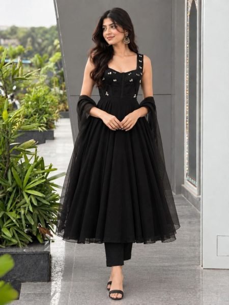 Effortless Black Corset Anarkali Pant Dupatta Set with Diamond Work For Festival  Ready To Wear Suit