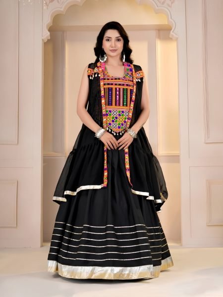 Effortless Black Cotton Gamthi Lehenga Choli with Mirror Work Jacket For Gaba Night 