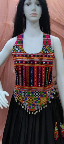 Effortless Black Cotton Gamthi Lehenga Choli with Mirror Work Jacket For Gaba Night Navratri Lehnega Choli