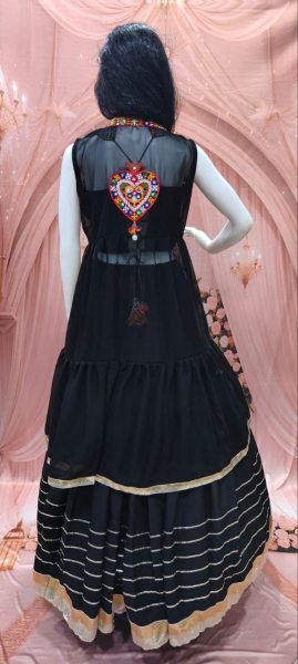 Effortless Black Cotton Gamthi Lehenga Choli with Mirror Work Jacket For Gaba Night Navratri Lehnega Choli