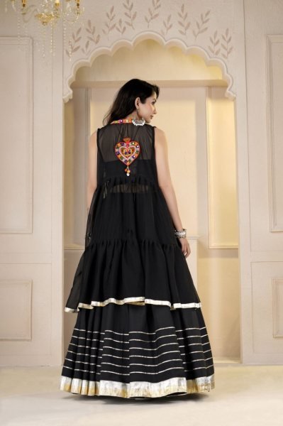 Effortless Black Cotton Gamthi Lehenga Choli with Mirror Work Jacket For Gaba Night Navratri Lehnega Choli