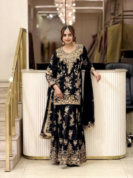 Effortless Black Designer Faux Georgette Palazzo Suit with Heavy Embroidery Work  Ready To Wear Collection