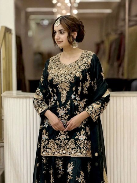 Effortless Black Designer Faux Georgette Palazzo Suit with Heavy Embroidery Work  Ready To Wear Collection
