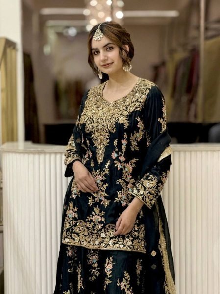 Effortless Black Designer Faux Georgette Palazzo Suit with Heavy Embroidery Work  Ready To Wear Collection