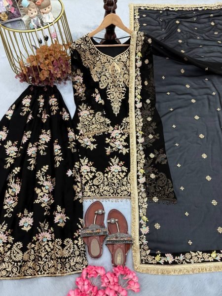 Effortless Black Designer Faux Georgette Palazzo Suit with Heavy Embroidery Work  Ready To Wear Collection