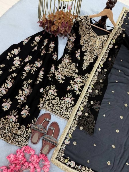 Effortless Black Designer Faux Georgette Palazzo Suit with Heavy Embroidery Work  Ready To Wear Collection