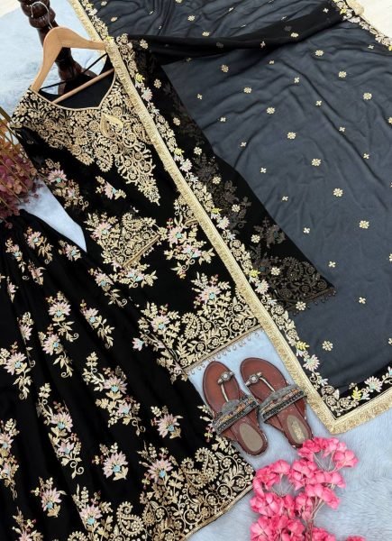 Effortless Black Designer Faux Georgette Palazzo Suit with Heavy Embroidery Work  Ready To Wear Collection