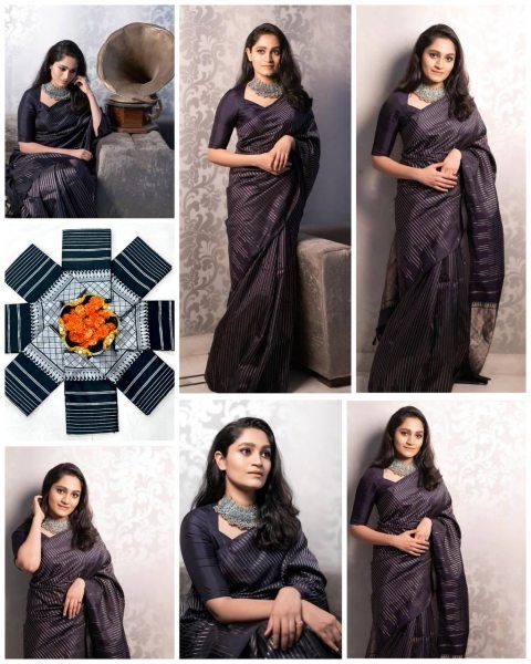 Effortless Black Designer Lichi Silk Saree with Jacquard Border Blouse Silk Sarees Wholesale